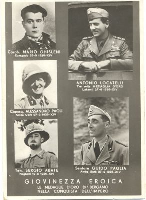 Cartolina postale celebrativa delle medaglie d'oro di Bergamo conferite ai caduti nella Guerra di Etiopia, tra cui il tenente Sergio Abate
