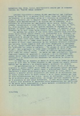 Relazione dei Gruppi di difesa della donna sulla manifestazione ai Caduti per la libertà organizzata per il 4 novembre 1944, datato in modo errato 7 novembre 1943 ma in realtà 1944